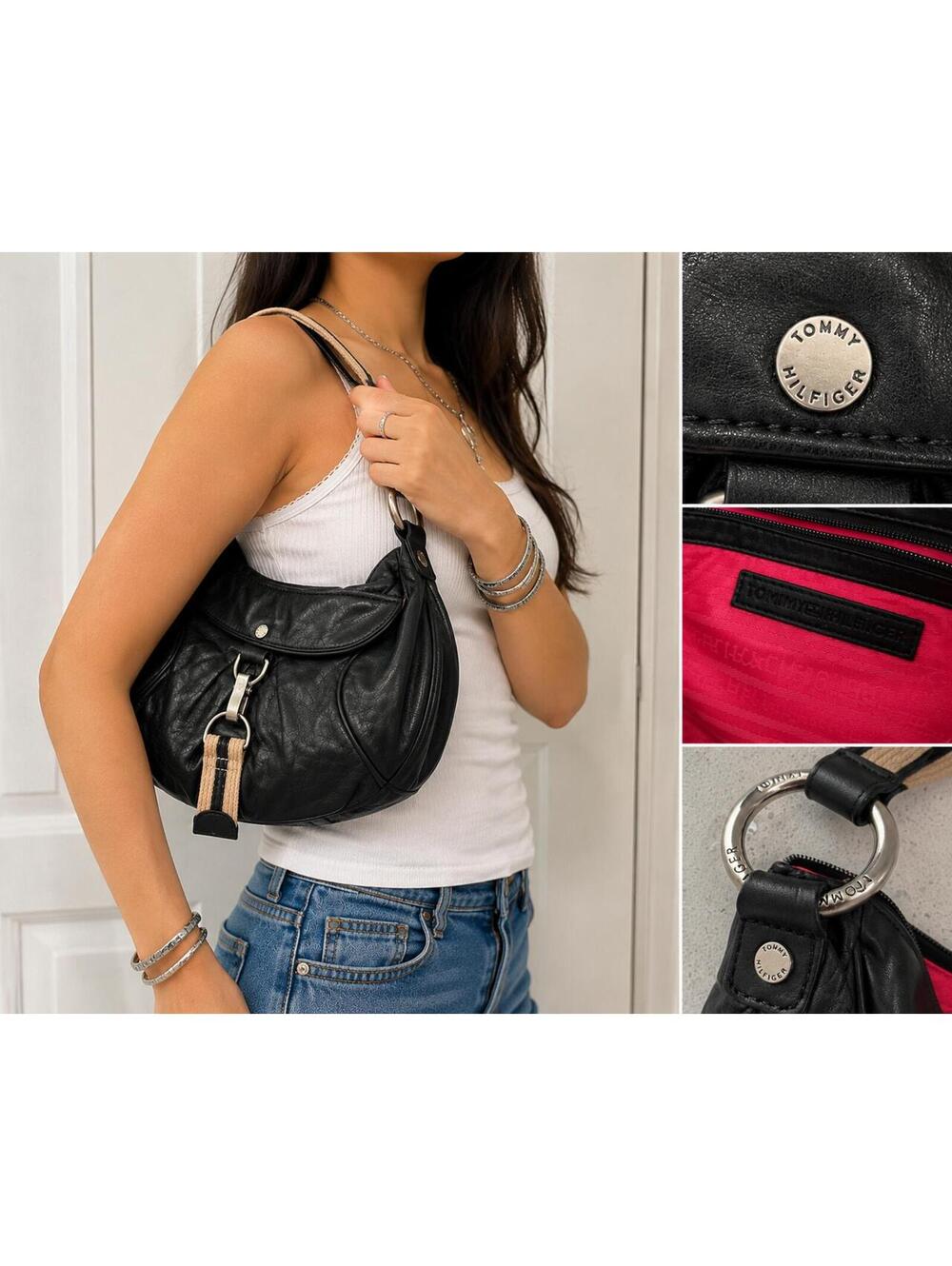 Tommy Hilfiger Black Leather Hobo Shoulder Bag Silver Hardware Y2K Boho Purse